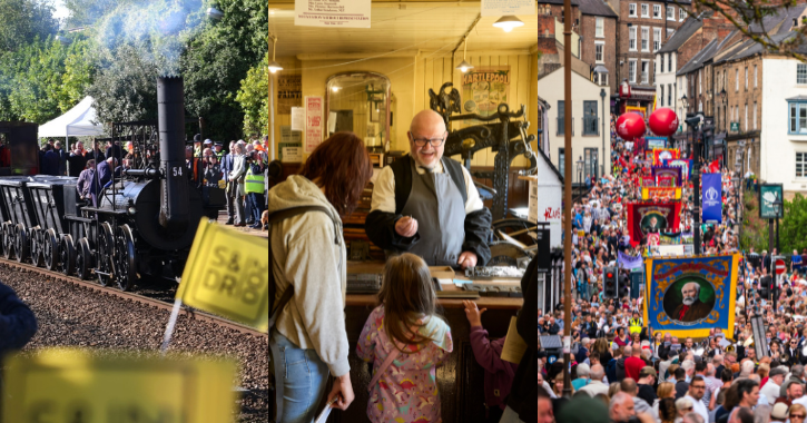 Collage of images S&DR200 festival, Beamish Museum and Durham Miners Gala.